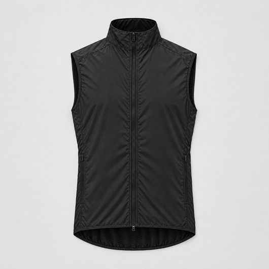 Black windproof running vest flat lay