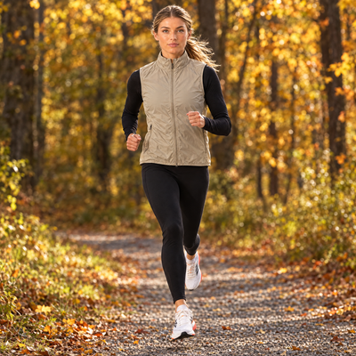 Woman running on a forest road in the khaki windproof vest