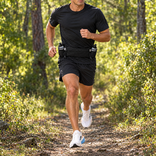 Man running on a forest trail with the hydration belt