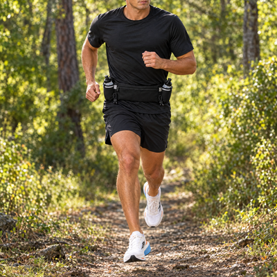 Man running on a forest trail with the hydration belt