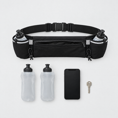 Hydration belt flat lay with bottles, phone and key
