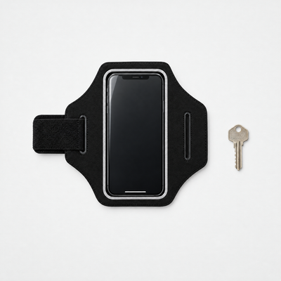 Phone armband flat lay with phone and key