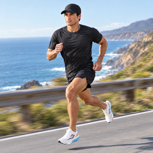 Man running on a coastal road in the black running cap