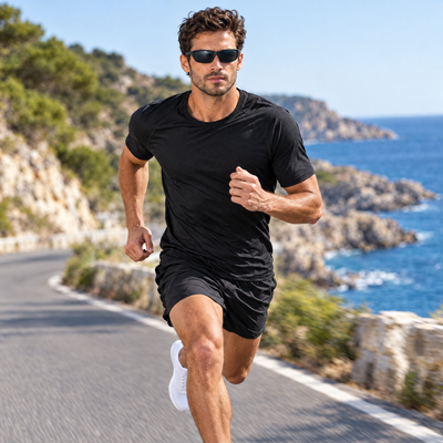 Man running on a sunny coastal road in polarized sunglasses