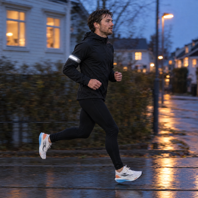 Man running at night with the COB light band on his upper arm