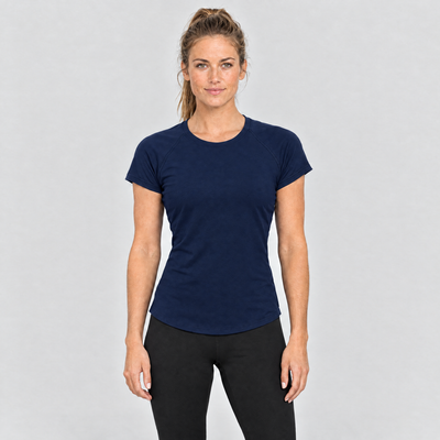 Woman wearing the navy fitted running t-shirt