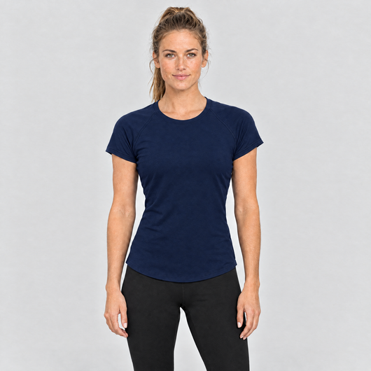 Woman wearing the navy fitted running t-shirt