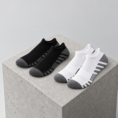 Black and white ankle running socks on a concrete block