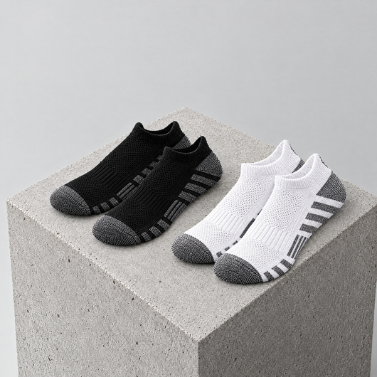Black and white ankle running socks on a concrete block