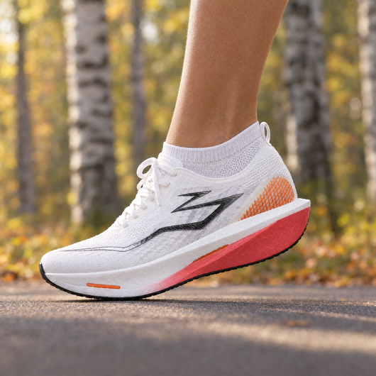Runner wearing white ankle running socks on a forest path