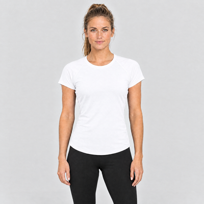 Woman wearing the white fitted running t-shirt