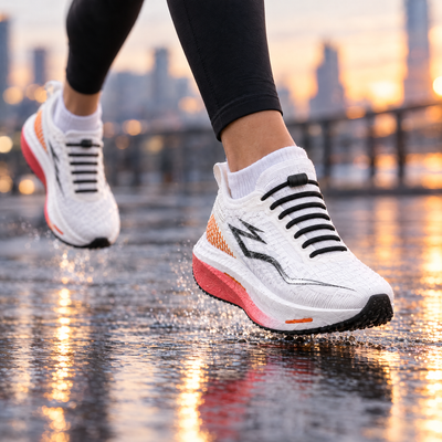 Runner with black elastic laces on wet pavement