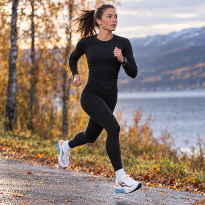 Woman running in an autumn park in the black seamless tights