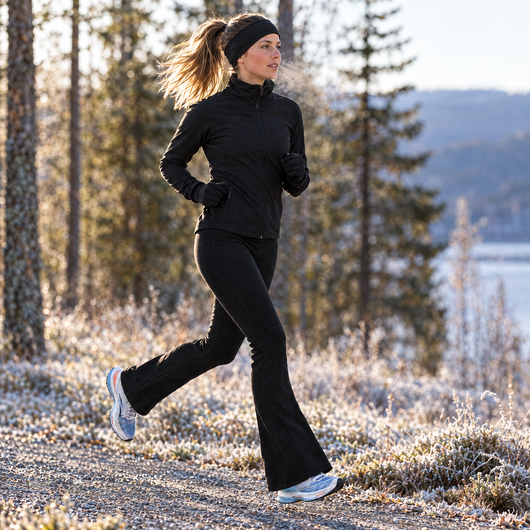 Woman jogging on a frosty forest path in the fleece-lined flared tights