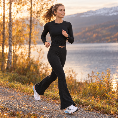 Woman on a cool-down jog by a lake in the black flared tights