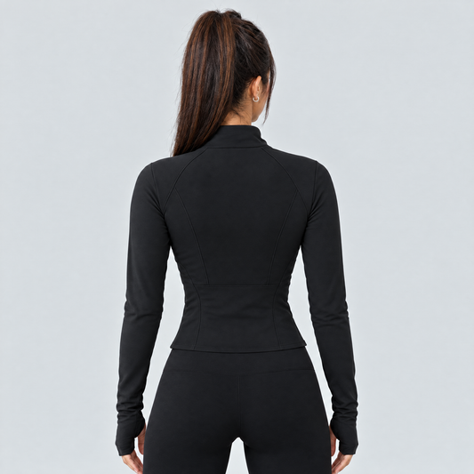 Black slim-fit running jacket seen from behind