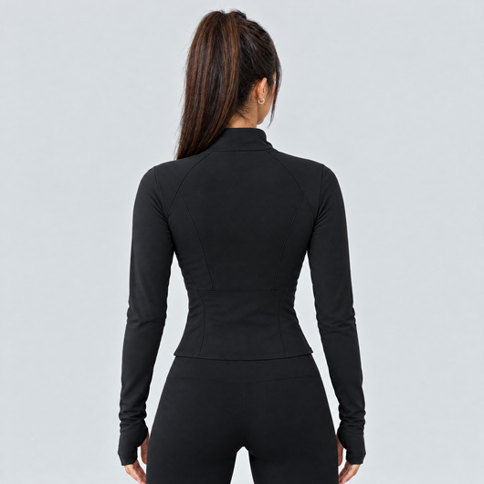 Black slim-fit running jacket seen from behind