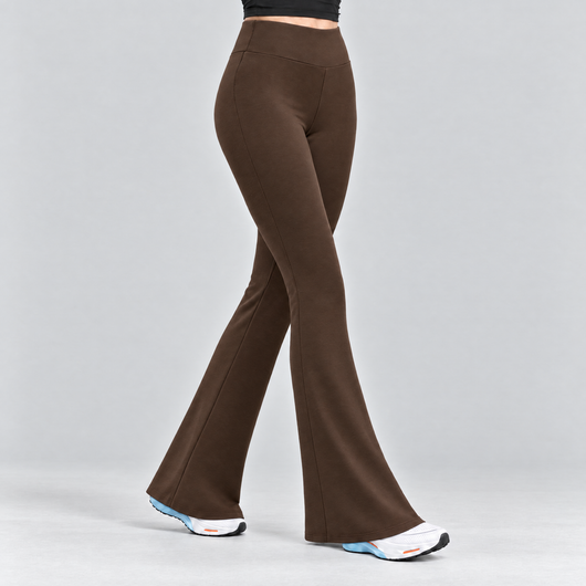 Woman wearing the coffee fleece-lined flared tights