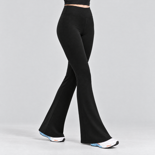 Woman wearing the black fleece-lined flared tights