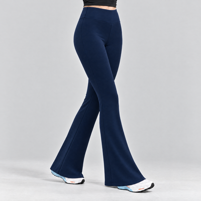 Woman wearing the navy fleece-lined flared tights