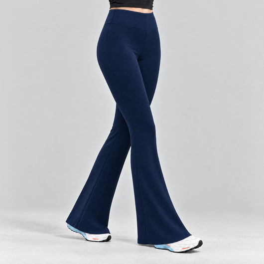 Woman wearing the navy fleece-lined flared tights