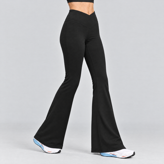 Woman wearing the black flared running tights