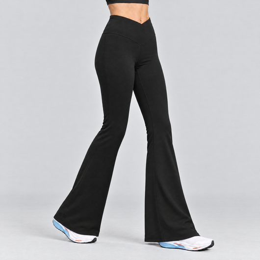 Woman wearing the black flared running tights