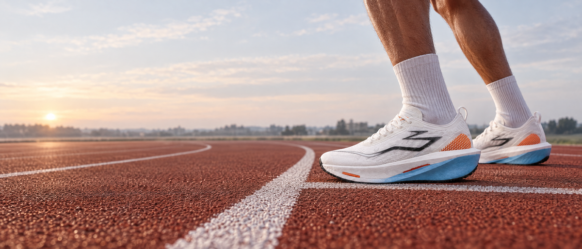 Running shoes at the start line of a red track