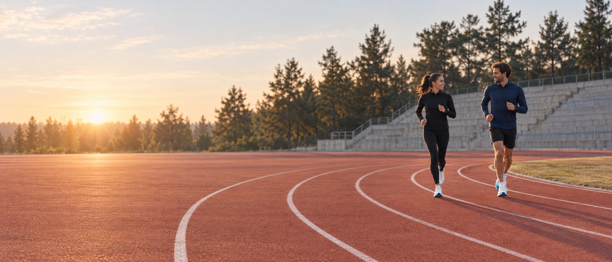 Two runners on the track at sunrise