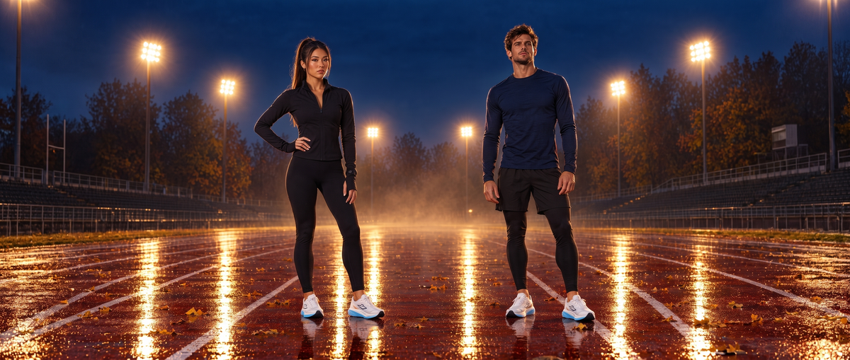 Two runners on a wet floodlit track at dusk