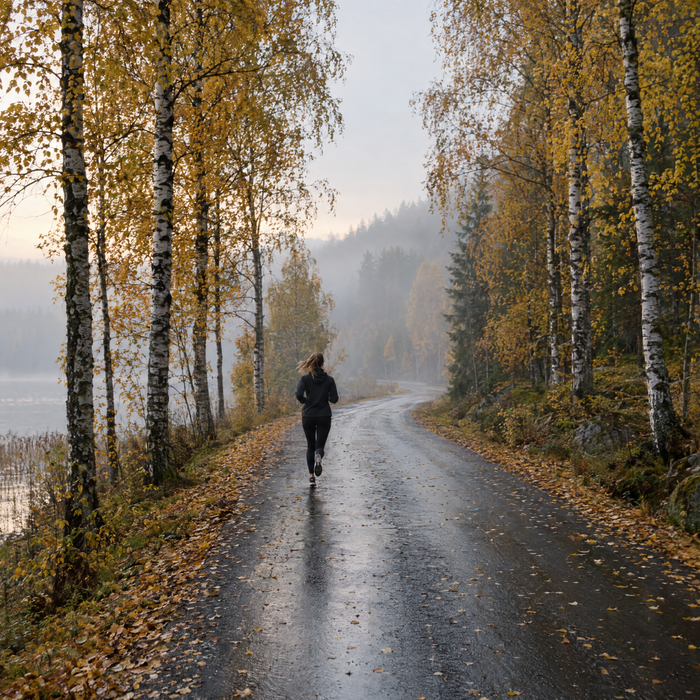 Runner on an autumn forest road